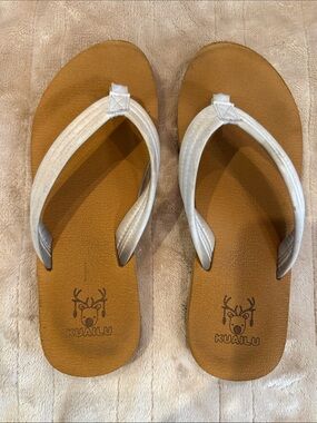 Kuailu Womens White Strap Brown Footbed Flip Flops